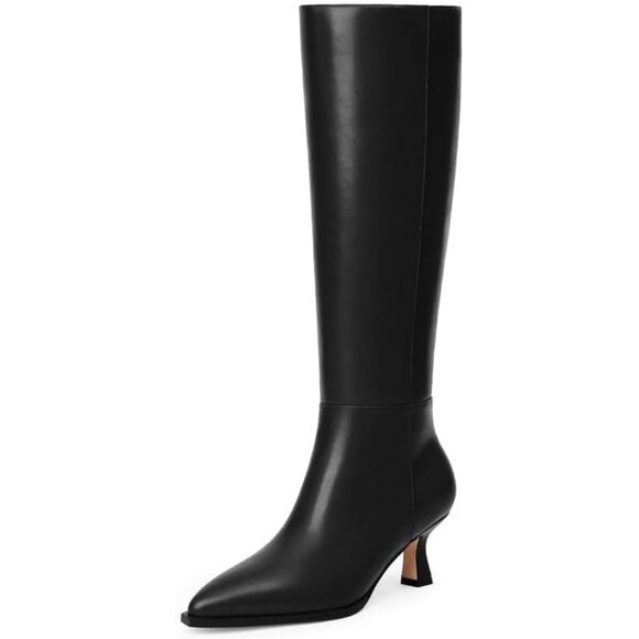 Shoes - Women's Black Modatope Knee High Boots for Faux Leather Low Heel Pointed Toe